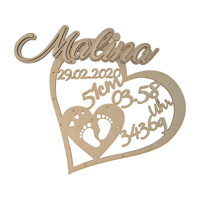 Geschenk - Geburt - Personalisiertes Holzherz natur, unisex Geschenk - Geburt - Personalisiertes Holzherz natur