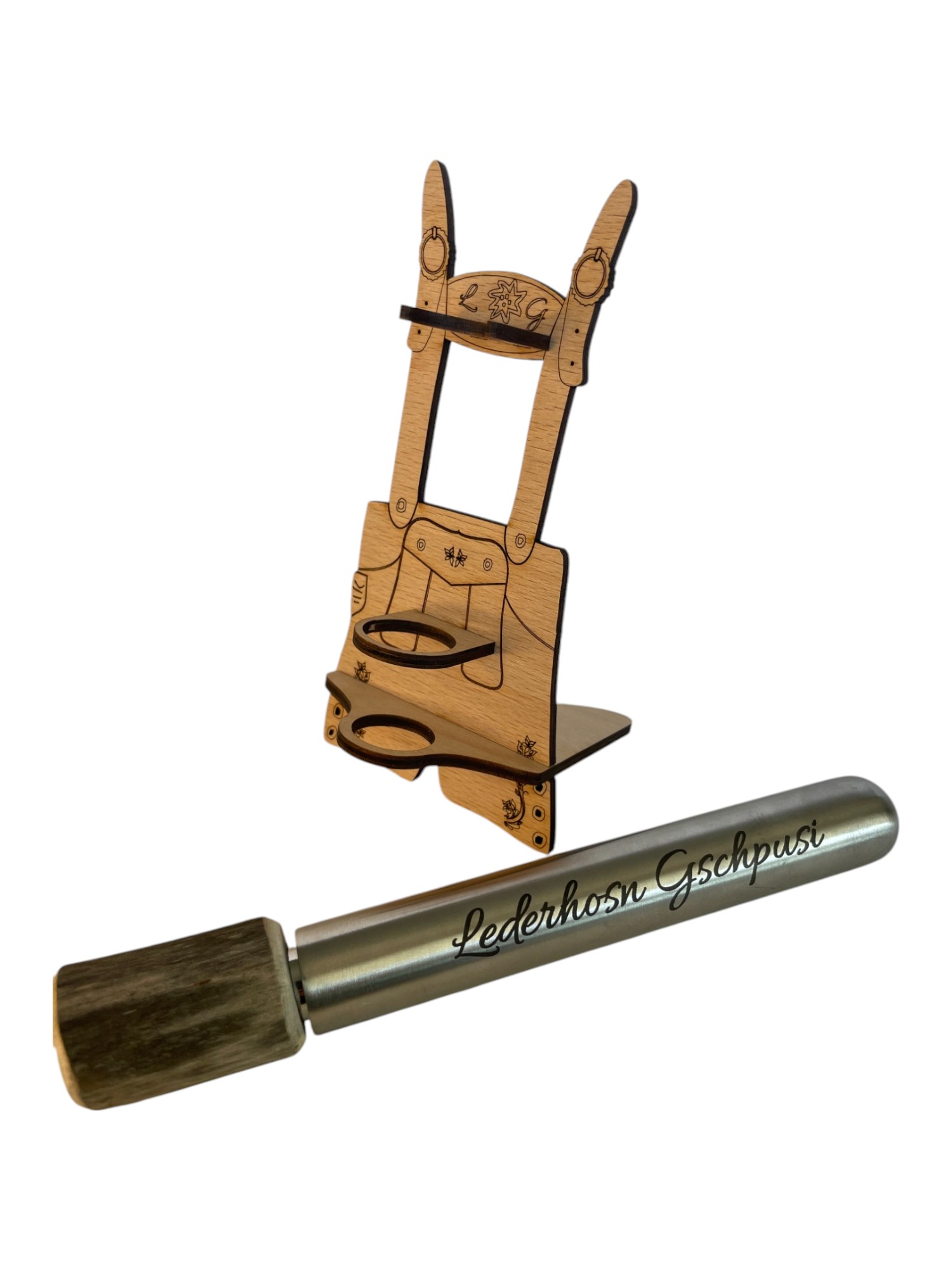 Personalisiertes Lederhosen Gschpusi mit Holzständer - Flachmann für die Lederhose